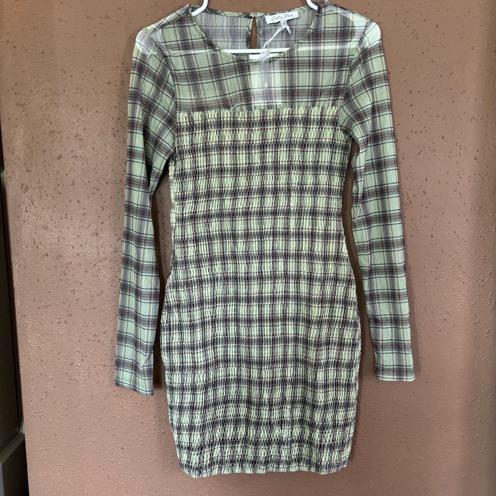 Emory Park Green Plaid Smocked Mini Dress Long Sleeve size S
